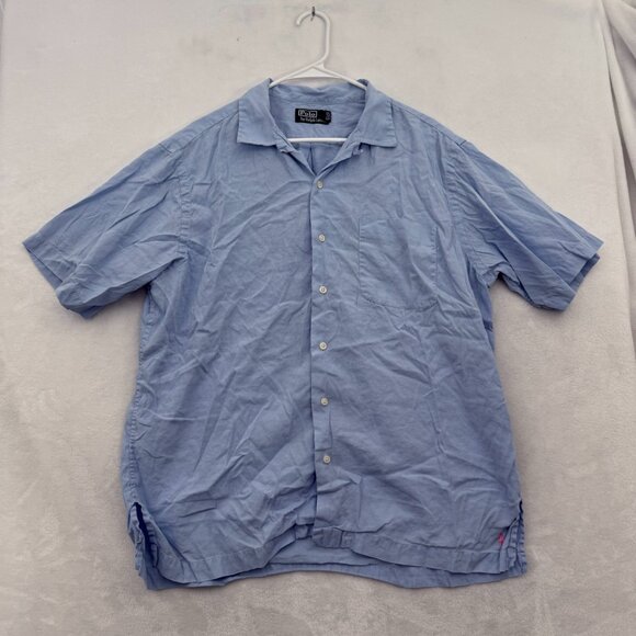 Polo Ralph Lauren Camp Shirt Men L Blue Pocket Loop Collar Linen Blend Button Up - Picture 1 of 9